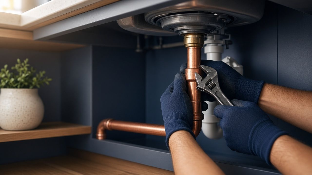Plumber tightening a copper fitting under a kitchen sink